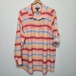 Lands End Womens Pink Stripe Tunic Top Size 3X Long Slv Moisture Wicking Stretch